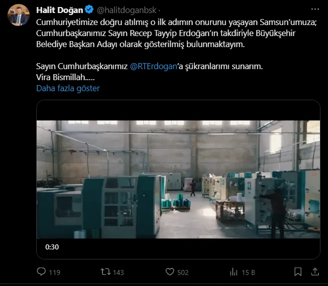 AK Parti Samsun Büyükşehir Belediye Başkan Adayı Halit Doğan'dan İlk Açıklama: Vira Bismillah